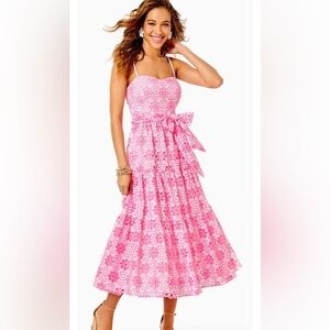 Edith midi dress in pink funflower eyelet